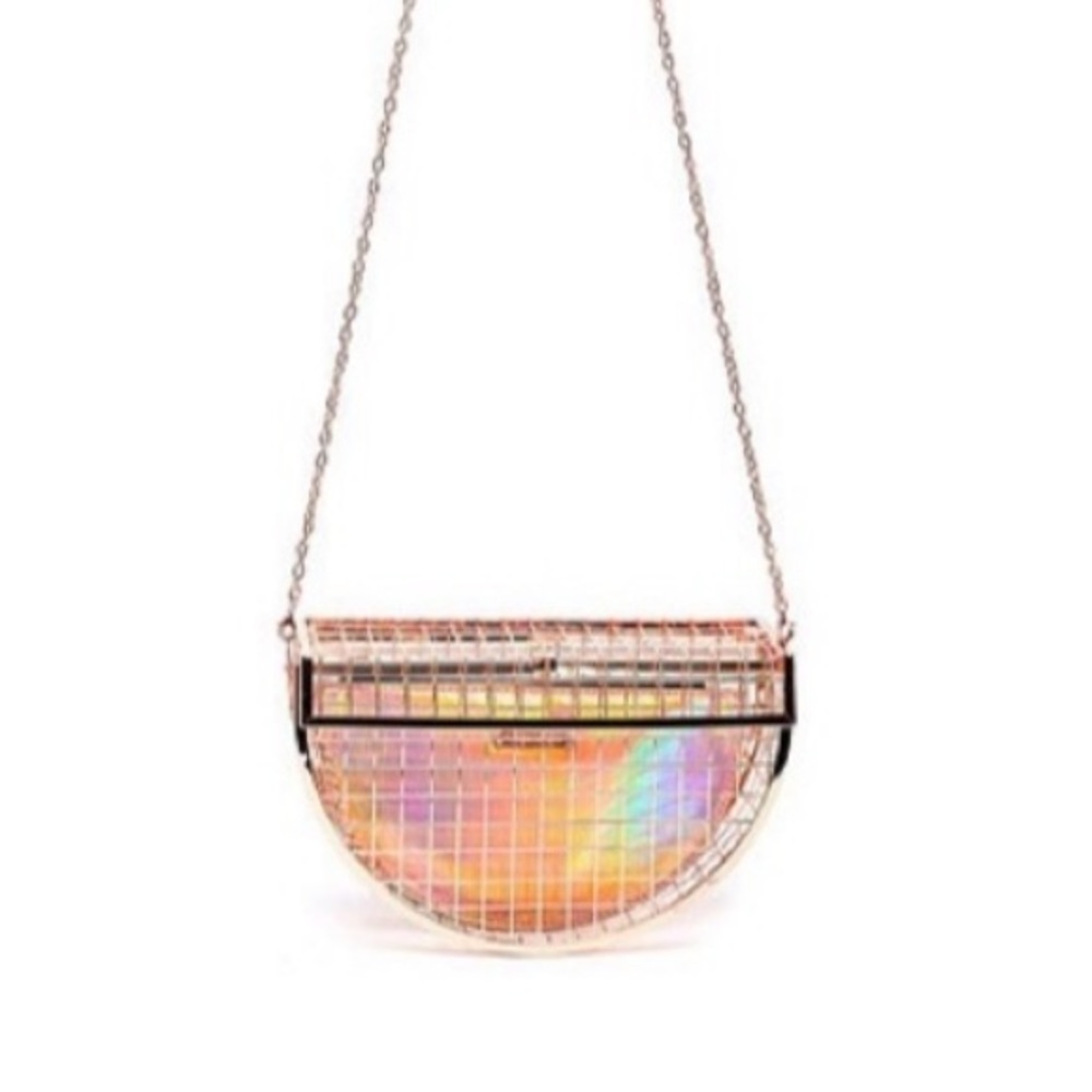 y2k Like Dreams Jupiter Caged Crescent Clutch- Rose Gold, Iridescent/Holographic